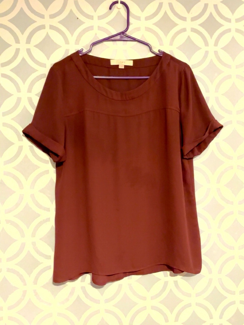 LOFT Short Sleeve Scoop-Neck Blouse in Burgundy